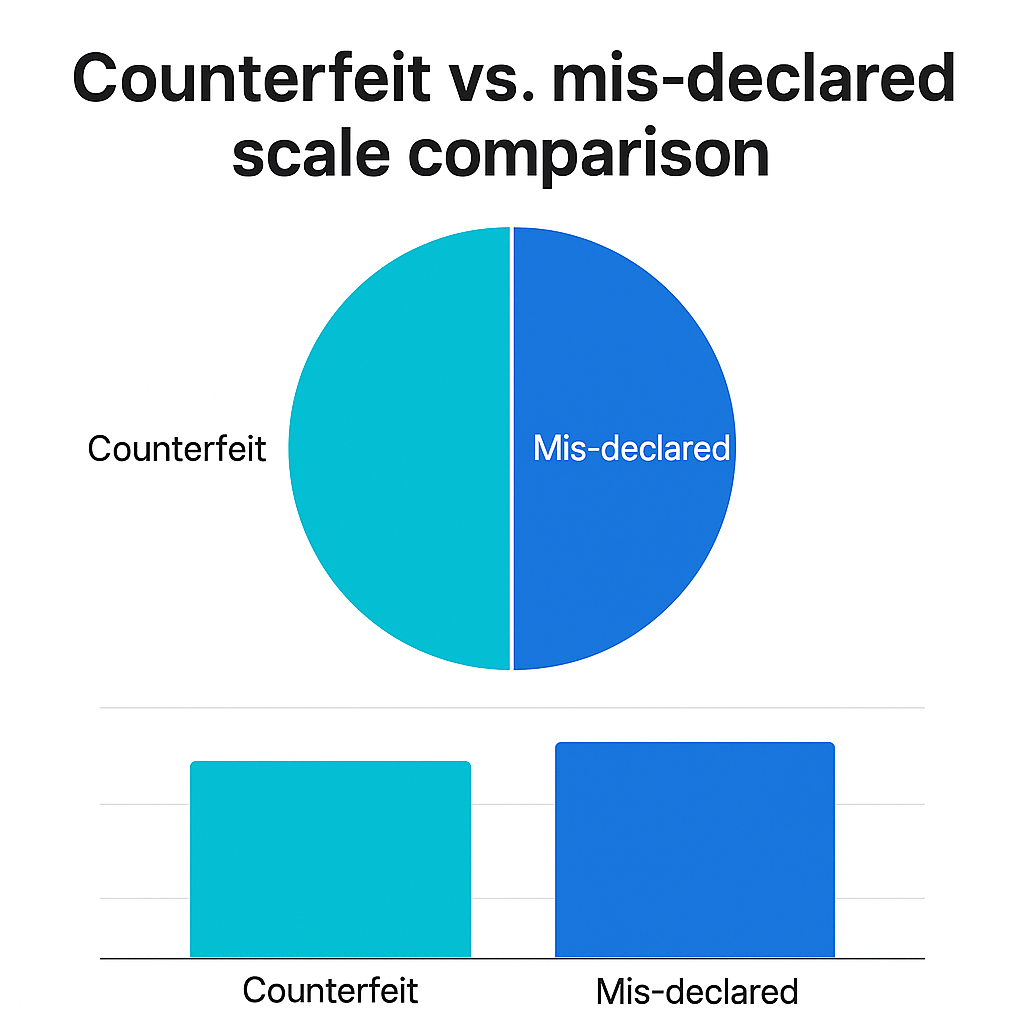 Share of counterfeit goods and mis-declared goods in global trade
